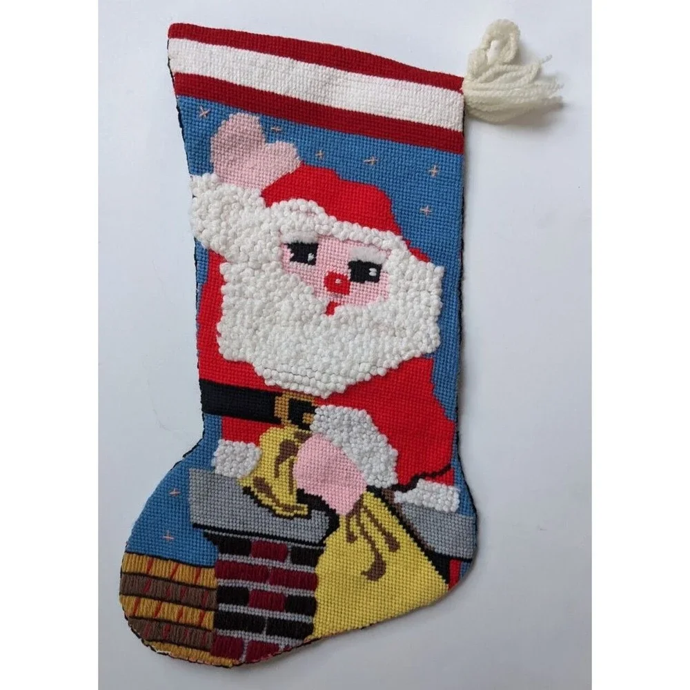 Vintage Needlepoint Christmas Stocking Handmade Santa in‎ Chimney Kitsch Retro